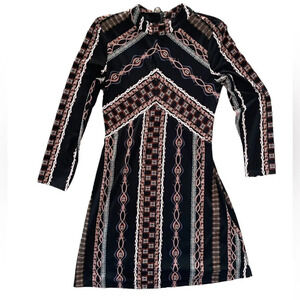 Free People Stella Mini Dress Size XS Long Sleeves Stripes Boho Zip Back Retro